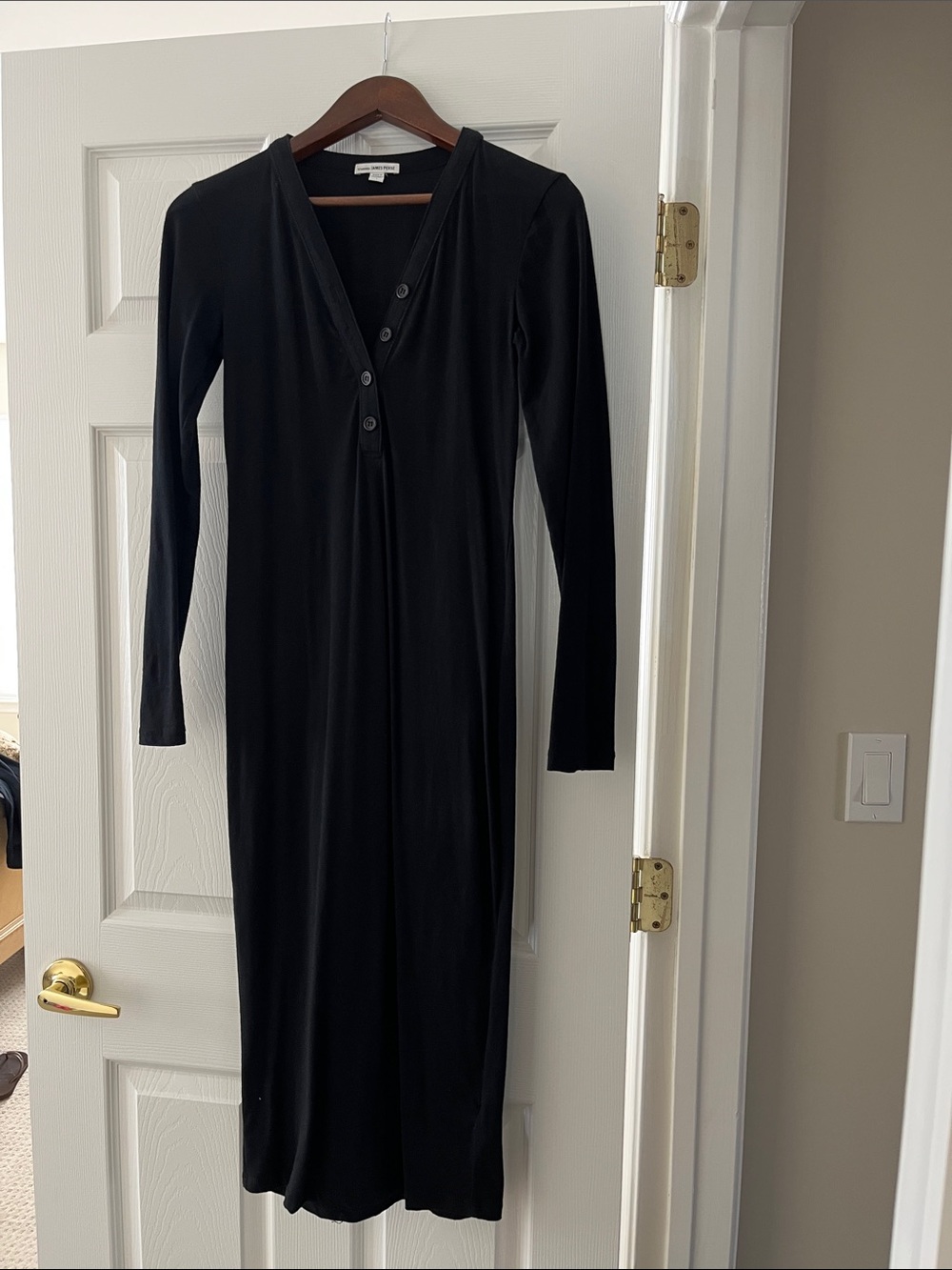 James Perse Black Long Sleeve Henley Buttoned Maxi Dress